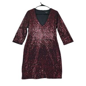 Express Sequin Mini Dress 10 Red Black V-Neck 3/4 Sleeve Holiday Glam NYE Party